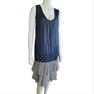 VINTAGE Navy White sleeveless scoop neck Midi Dress polka dots stripes 1920S
